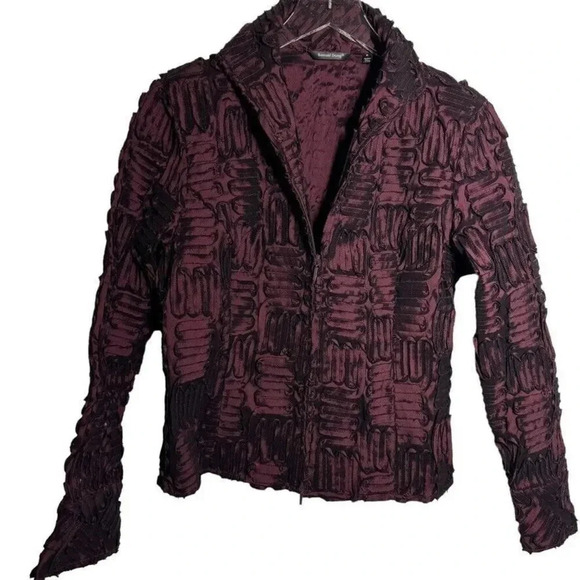SAMUEL DONG Maroon Burgundy Swirl Rosette Zip Front Jacket Size Medium - Picture 10 of 11